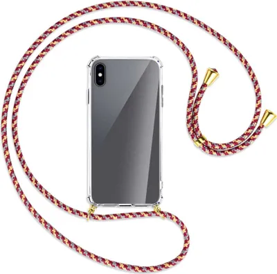 Produktbild von Handykette Backcover-Schutzhülle mit Band (Metall goldfarben) für Apple iPhone XS Max - weinrot/gelb/grau