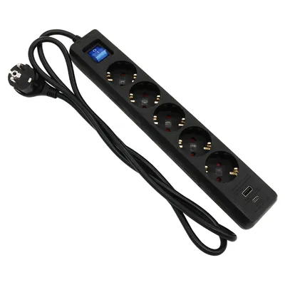 Produktbild von 3m Steckdosenleiste schwarz 5 fach mit USB-A + USB-C Ladebuchse Schalter flachem Winkelstecker