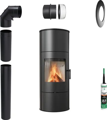 A collection of stove parts and a stove with a fire inside, arranged on a white background.
