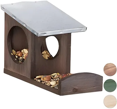 Produktbild von PolkaHome® Eichhörnchen-Futterhaus aus Holz mit Metalldach, wetterfest, braun – 18 x 12 x 25 cm, für Garten & Balkon