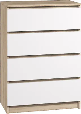A white and wood-colored chest of drawers with four drawers is shown against a white background.