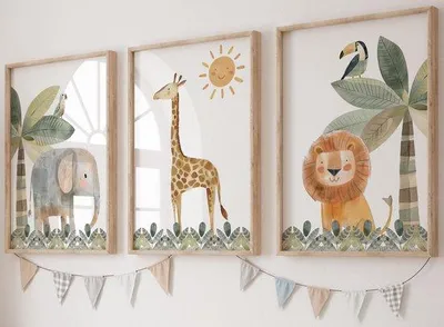 Produktbild von Unyqoos® 3er-Set bunte Safari-Tier-Poster für Kinderzimmer – Elefant, Giraffe & Löwe auf 300 g Karton mit Satin-Finish, ungerahmt