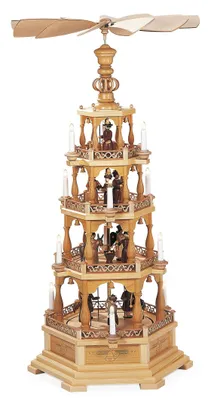 Produktbild von Pyramide Tischpyramide  Heilige Geschichte 4-stöckig, natur elektr. beleuchtet u. angetrieben (230V 50Hz) (LxBxH):61x52x122cm NEU