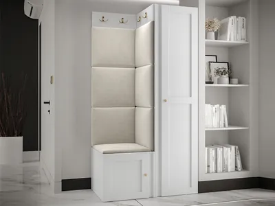 Produktbild von MIRJAN24 Garderoben-Set Orion Ramiro XXV, Kleiderschrank, Schuhschrank, Kleiderhakenbrett, 7x Paneel 42x42, 6 Kleiderhaken für Kleidung, Metallgriffe (Farbe: Weiß, Manila 02)