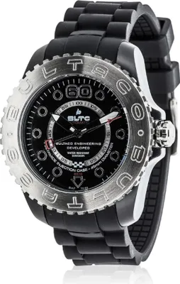 A close-up studio shot of a men's wristwatch with a black dial and a silver bezel, set against a white background.