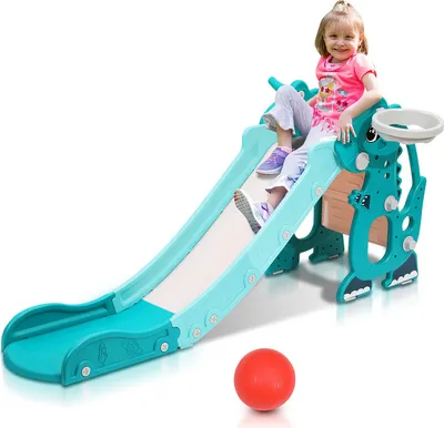 Image de Jopassy Toboggan pour enfants Toboggan de jardin 4 en 1 Aire de jeux pour enfants avec panier de basket-ball Anneau de lancer Apprentissage de l'anglais Vert