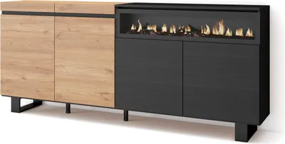 Produktbild von Sideboard, Highboard, 200x35x87cm, 4 Türen, Elektrokamin. Industriedesign, Eiche Schwarz
