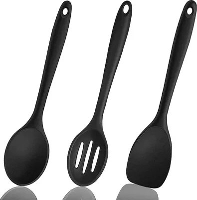 Produktbild von 3-teiliges Silikon-Rührlöffel-Set, Silikon-Schaber-Set, Silikon-Kochlöffel, Silikon-Kochlöffel-Set, Rührlöffel-Sieb, 500°F hitzebeständig und antihaftbeschichtet, Silikon-Schaber-Küchenhelfer (schwarz)