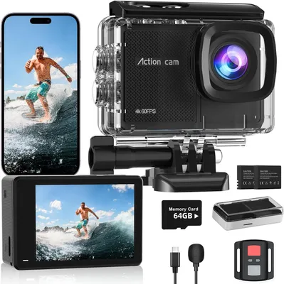 Productafbeelding van Actiecamera 4K60fps - Waterdicht tot 40 m - Met 64 GB geheugenkaart en afstandsbediening