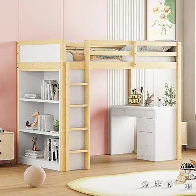 Produktbild von Hochbett 90 x 200 cm mit Schreibtisch und Regal, multifunktionales Hochbett für 1 Platz mit Treppe, Holzfarbe, ohne Matratze
