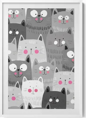 Produktbild von Muster mit Katzen– Wandbild mit Rahmen – Gerahmtes Bild  – Wanddekoration – 70x100 cm –  Weiß Rahmen