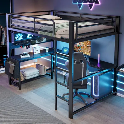 Produktbild von Gaming-Hochbett (140 x 200 cm) mit Schreibtisch Tastaturablage Staufächern LED-Beleuchtung und Ladestation Schwarz