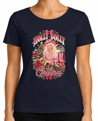 Imagen del producto de Camiseta para mujer con diseño "Holly Dolly Christmas" estilo country western, con motivos de vaquera y guitarra, color azul marino, talla 3XL