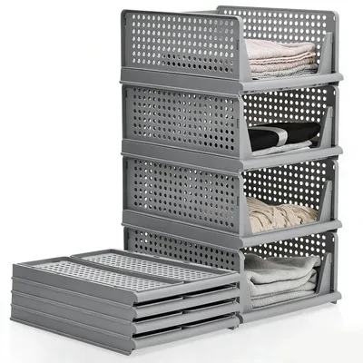 Produktbild von Aufbewahrungskörbe - Stapelbare Aufbewahrungsboxen - 4er-Set - PP-Kunststoff - Faltbar - Vielseitig verwendbar - Grau