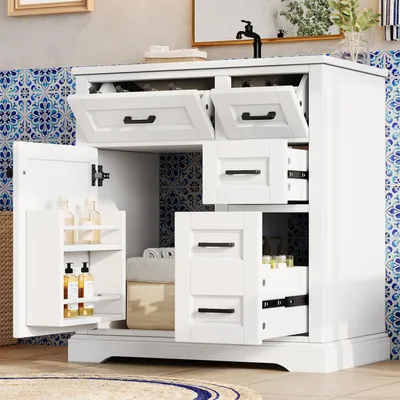 Produktbild von Merax Waschtischunterschrank mit Keramikbecken, freistehender Badezimmerschrank mit 4 Schubladen, Seitenauszügen, Soft-Close und Türregal, Weiß
