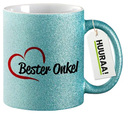 Produktbild von Huuraa Glitzertasse Bester Onkel Herz 330ml Blau Keramik Kaffeebecher Geschenkidee