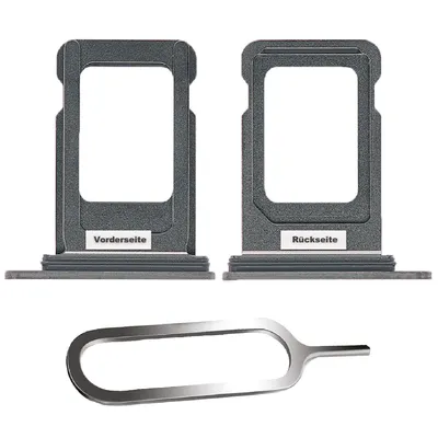 Two SIM card trays and a SIM ejector tool are displayed against a white background.