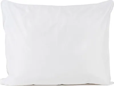 A plain white pillow on a white background.