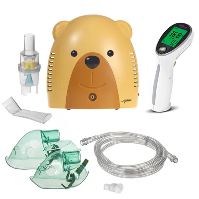 Zdjęcie produktu dla Inhalator pediatryczny Promedix Bear, nebulizator, maska, zestaw filtrów, PR-811 + Promedix PR-960 bezdotykowy medyczny termometr na podczerwień