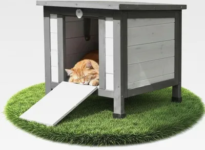 Produktbild von Katzenhaus Winterfest mit klappbarem Deckel und Rampe 50x45x43cm Katzenhütte Outdoor Wurfkiste Holz Katzenhöhle Katzenschlaftplatz