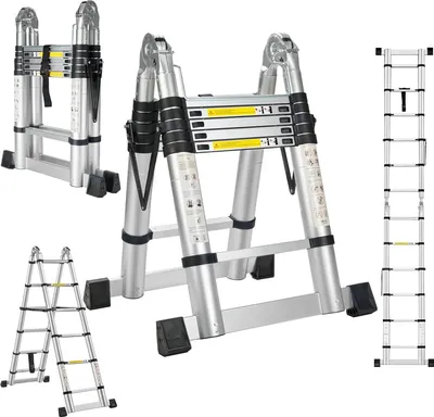 Produktbild von STANEW Teleskopleiter 3,8 m (1,9 + 1,9), Klappleiter, 2-in-1, Teleskopleiter aus Aluminium, Klappleiter mit Arbeit im Innen- und Außenbereich, Belastung 150 kg, Silber