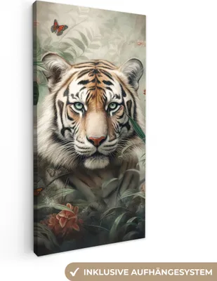 Obrázok produktu pre MuchoWow® - Obraz na plátne - Tiger - Motýle - Zvieratá - Džungľa - Kvety, nástenný obraz, nástenné dekorácie obrazy obývacia izba, 40x80cm