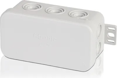 A white electrical junction box with multiple entry points and embossed text.