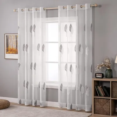 Immagine prodotto di Tende per soggiorno con motivo a foglie - Tende trasparenti con ricami moderni - Set di 2 - Adatte per camera da letto e soggiorno