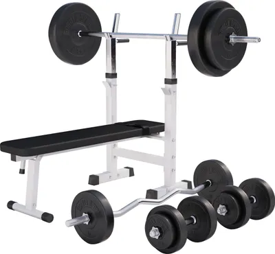 Produktbild von GORILLA SPORTS® Hantelbank - mit Ablage und Dip-Station, inkl. Hantelset 100kg, Verstellbar, Klappbar, Weiß - Drückerbank, Fitness Flachbank, Multifunktion, Trainingsbank mit Gewichten