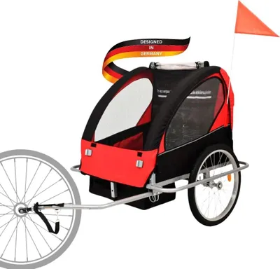 Produktbild von DELUKE® Fahrradanhänger für 2 Kinder ELITE schwarz/rot | 40kg belastbar | inkl. Sicherheitsgurte & Seitenfenster | Kinderanhänger für Fahrrad Kinderwagen am Fahrrad