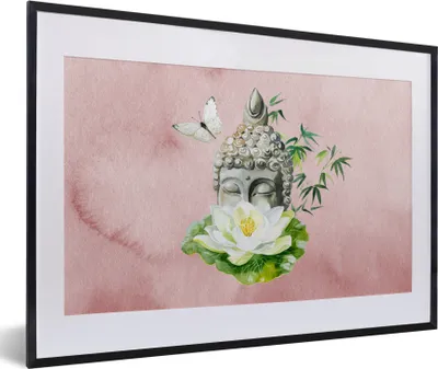 Produktbild von MuchoWow® MuchoWow® Gerahmtes Poster Buddha - Blume - Rosa 60x40 cm - Poster mit zchwarzem Bilderrahmen - Schlafzimmer - Plakat in Rahmen - Drucken