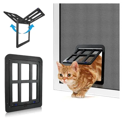 Produktbild von Katzenklappe mit Fliegengitter und automatischem Verschluss für Balkontüren—Schwarz