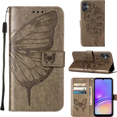 Produktbild von Lederhülle für Samsung Galaxy A05 Schmetterling Prägung Flip Ledertasche Kartenfächer Handyhülle mit Ständer Grau