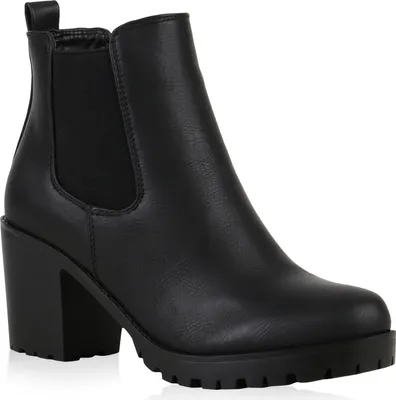 Produktbild von Mytrendshoe Gefütterte Damen Chelsea Boots Block Absatz Stiefeletten 812111, Farbe: Schwarz, Größe: 37