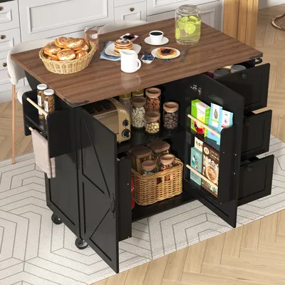 Obrázek produktu pro MODFU kuchyňský ostrůvek s výsuvnou pracovní deskou, kuchyňský vozík se 2 dvířky, kuchyňská skříň se 3 zásuvkami, komoda s dekorem dřeva, černá