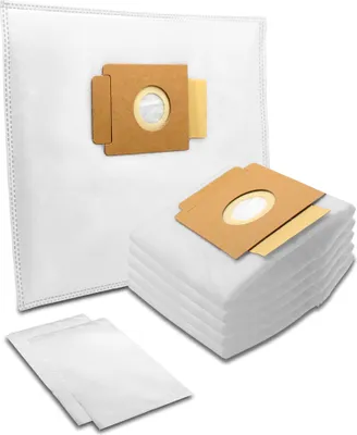 A collection of white vacuum cleaner bags with brown cardboard connectors, arranged on a white background.