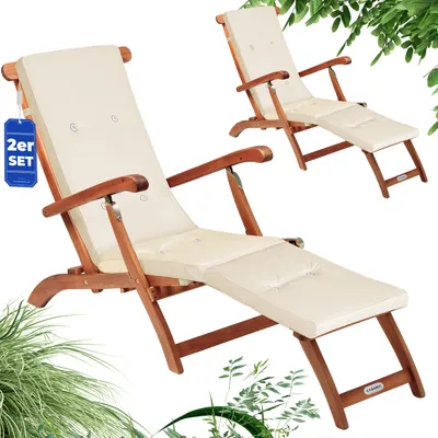 Produktbild von CASARIA® 2x Sonnenliege Klappbar Holz Auflage Creme 160kg Belastbar Wetterfest Akazie Rückenlehne Verstellbar FSC®-zertifiziert Balkon Garten Liege 169x54cm