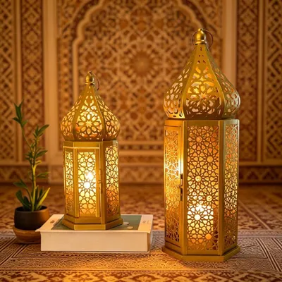 Productafbeelding van Set van 2 vintage Marokkaanse lantaarn, gouden metalen decoratieve kaarslantaarns