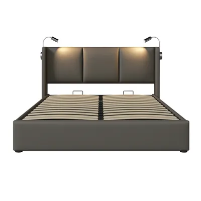 Produktbild von Flieks Polsterbett 160x200cm mit Lattenrost, Boxspringbett mit Leselichte und USB, Doppelbett Stauraumbett Funktionsbett, PU, Grau