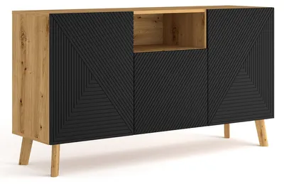 Immagine prodotto di Cassettiera LUXI 3D 146 cm Rovere Artigianale / Nero Opaco Credenza Credenza con MDF fresato con ripiani a giorno Buffet