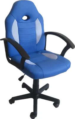 A blue and gray racing-style office chair with black armrests and a black five-star base with wheels, shown from a three-quarter front angle against a white background.