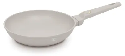 A light gray frying pan with a gray handle is shown against a white background.