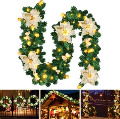 Produktbild von Ikodm Künstliche Weihnachtsgirlande, 2.7 m, 50 warmweiße LED, mit Weihnachtsdekoration, batteriebetrieben, für Tür Fenster Treppe Kamin Geländer