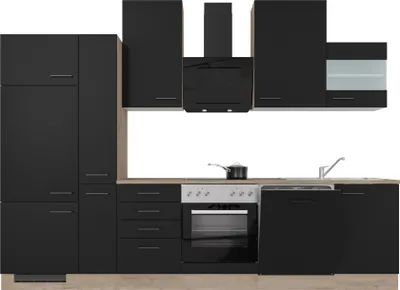 Produktbild von Küchenzeile mit E-Geräten & Geschirrspüler - 310 cm breit - Schwarz matt Endgrain Oak – Capri