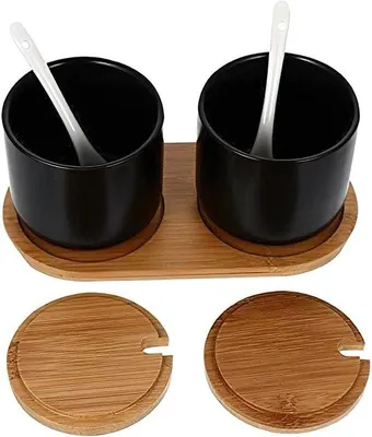 Produktbild von Keramische Zuckerdose schwarz 2er Set mit Löffeln und Bambudeckel