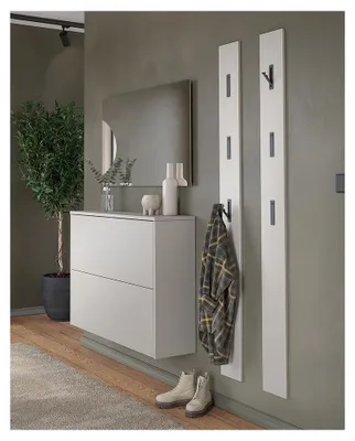 Produktbild von Garderoben-Set mit Spiegel & 2 Garderobenpaneelen in beige und Eiche, 4-teilig - BAIANO-01