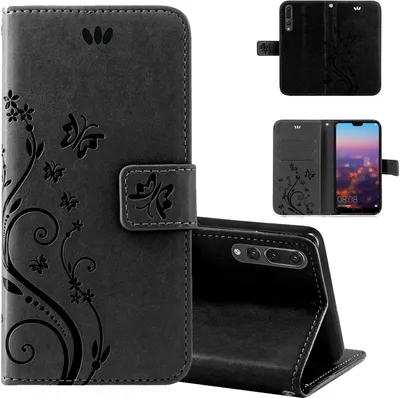 Produktbild von Handytasche für Huawei P20 Pro Blumen Flip Cover Buchhülle mit Magnetverschluss, Schwarz