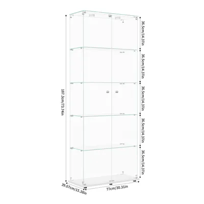 Obrázek produktu pro Skleněná vitrína Fortuna Lai v bílé barvě s LED, 187,3 x 39 x 77 cm Vitrína s 5 skleněnými policemi a 2 dveřmi z tvrzeného skla, vitrína do obývacího pokoje, kancelář, sběratelské předměty, knihy, víno
