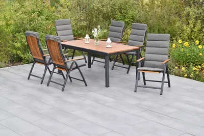 Produktbild von Merxx Gartenmöbel Set Athos 13tlg., 6 Klappsessel inkl. Kissen, Ausziehtisch 180 (250) x 100 cm- Aluminium/Akazie/Textil