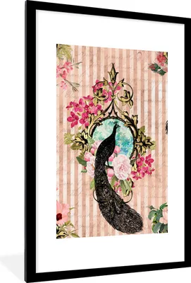 Produktbild von MuchoWow® Gerahmtes Poster Pfau - Rosa - Blumen 60x90 cm - Poster mit Schwarzem Bilderrahmen Wandposter Rahmen Foto Bilder - Dekoration - Wandposter Wohnzimmer - Hochwertig
